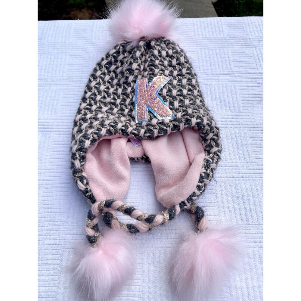 Justice Girls One Size Trapper Beanie Hat Pink Faux Fur Pom Pom Glitter K NWT